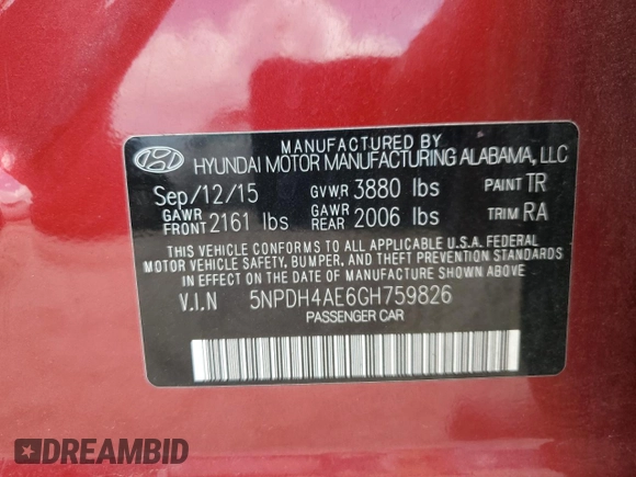 2016 Hyundai Elantra SE with VIN 5NPDH4AE6GH759826, listed as a Copart auction lot 64439635 with 57,043 mi miles and Salvage title. Bid and sale history available at DreamBid. Image 13.