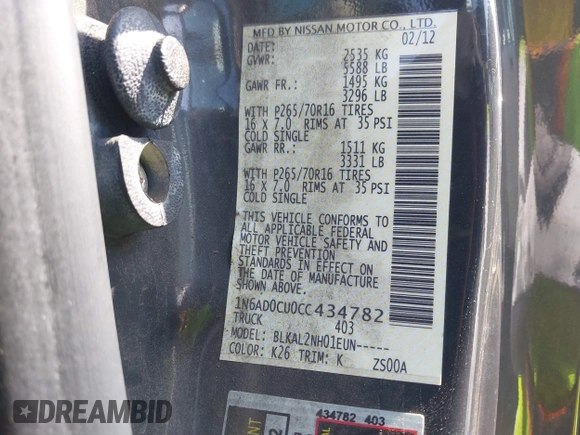 2012 Nissan Frontier SV with VIN 1N6AD0CU0CC434782, listed as a IAAI auction lot 41879216 with 320,667 mi miles and . Bid and sale history available at DreamBid. Image 8.
