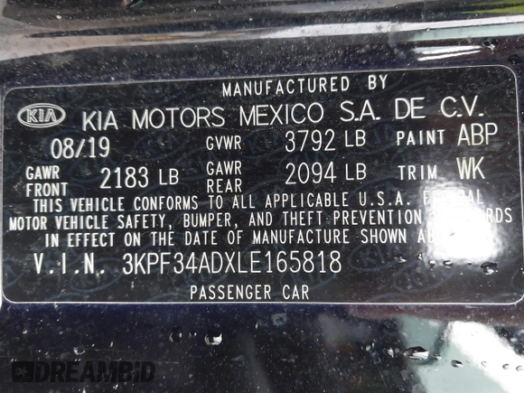 2020 Kia Forte GT-Line with VIN 3KPF34ADXLE165818, listed as a IAAI auction lot 41753657 with 58,079 mi miles. Bid and sale history available at carsss.com. Image 9.