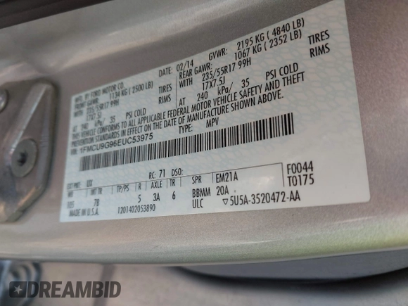 2014 Ford Escape SE with VIN 1FMCU9G96EUC53975, listed as a IAAI auction lot 41342661 with 128,594 mi miles. Bid and sale history available at carsss.com. Image 9.