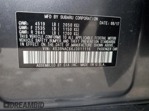 2018 Subaru Legacy Premium with VIN 4S3BNAC66J3011116, listed as a Copart auction lot 49407404 with 57,300 mi miles. Bid and sale history available at carsss.com. Image 13.