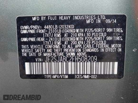2015 Subaru Forester 2.5i with VIN JF2SJABC2FH508209, listed as a IAAI auction lot 42795593 with 210,479 mi miles and . Bid and sale history available at DreamBid. Image 9.