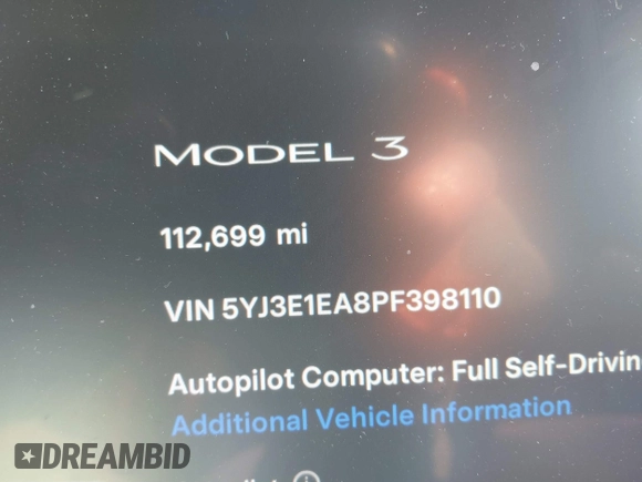 2023 Tesla Model 3 with VIN 5YJ3E1EA8PF398110, listed as a IAAI auction lot 41692006 with 112,699 mi miles and . Bid and sale history available at carsss.com. Image 15.