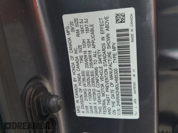 2020 Honda CR-V EX-L z VIN 2HKRW2H80LH685300, wystawiony jako Copart lot #56122345 z przebiegiem 55 198 mil mil oraz Szkoda całkowita • Salvage title. Historia ofert i sprzedaży dostępna na DreamBid. Obrazek 13.
