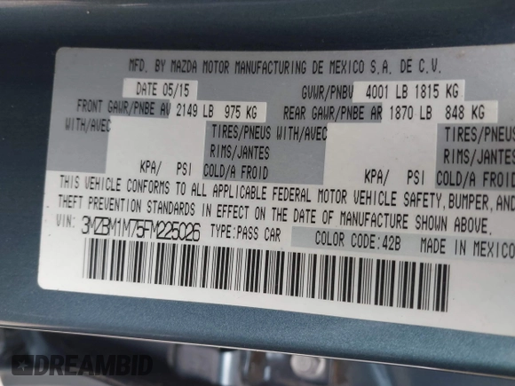 2015 Mazda 3 i Grand Touring with VIN 3MZBM1M75FM225026, listed as a IAAI auction lot 41510336 with Not provided miles and . Bid and sale history available at DreamBid. Image 9.
