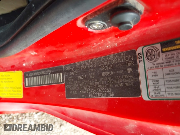 2012 Kia Forte SX с VIN KNAFW6A33C5622259, выставлен на аукционе IAAI как лот 41689812 с пробегом 205 927 миль миль и . История ставок и продаж доступна на DreamBid. Изображение 9.
