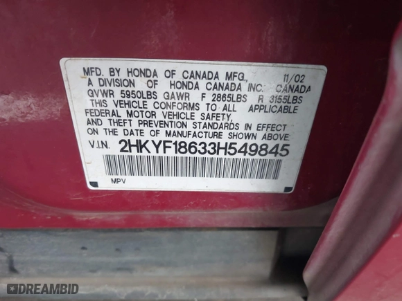 2003 Honda Pilot EX with VIN 2HKYF18633H549845, listed as a IAAI auction lot 41616215 with 1 mi miles. Bid and sale history available at carsss.com. Image 9.