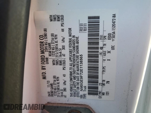 2014 Ford Transit Connect XLT с VIN NM0GE9F72E1138565, выставлен на аукционе Copart как лот 52590075 с пробегом 75 931 миль миль и На запчасти • Non repairable. История ставок и продаж доступна на DreamBid. Изображение 13.