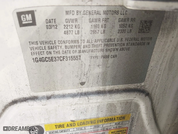2012 Buick LaCrosse Leather with VIN 1G4GC5E37CF315557, listed as a IAAI auction lot 41852384 with 136,361 mi miles. Bid and sale history available at carsss.com. Image 9.