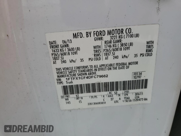 2013 Ford F-150 XL z VIN 1FTFX1CF4DFC79662, wystawiony jako Copart lot #66932925 z przebiegiem Nie podano mil oraz Czysty tytuł • Clean title. Historia ofert i sprzedaży dostępna na DreamBid. Obrazek 12.