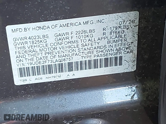 2020 Acura ILX Premium с VIN 19UDE2F73LA008757, выставлен на аукционе IAAI как лот 41880275 с пробегом 49 773 миль миль и . История ставок и продаж доступна на DreamBid. Изображение 9.