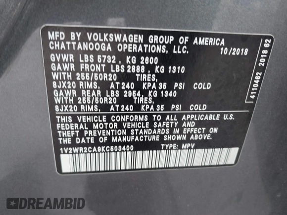 2019 Volkswagen Atlas SE with VIN 1V2WR2CA9KC503400, listed as a IAAI auction lot 41920119 with 91,208 mi miles and . Bid and sale history available at DreamBid. Image 9.
