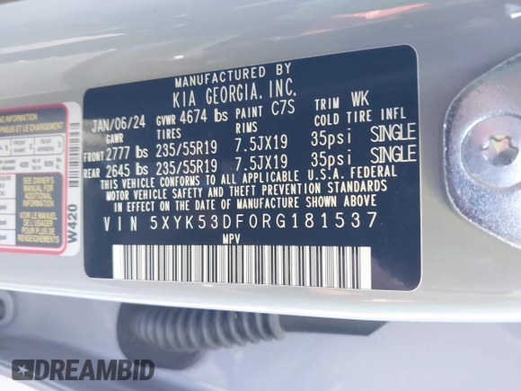 2024 Kia Sportage SX-Prestige with VIN 5XYK53DF0RG181537, listed as a IAAI auction lot 41378442 with 13,619 mi miles and . Bid and sale history available at DreamBid. Image 9.