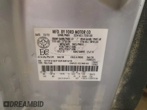 2013 Ford F-150 XL with VIN 1FTFX1EF1DFA81215, listed as a Copart auction lot 63077885 with 300,634 mi miles and Non repairable. Bid and sale history available at DreamBid. Image 12.