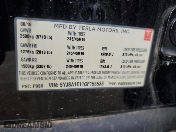 2016 Tesla Model S 70 with VIN 5YJSA1E11GF155536, listed as a Copart auction lot 47543565 with 137,462 mi miles and Salvage title. Bid and sale history available at DreamBid. Image 12.