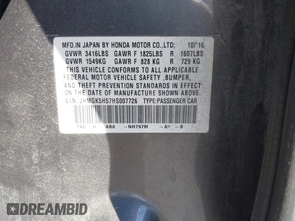 2017 Honda Fit LX with VIN JHMGK5H57HS007726, listed as a IAAI auction lot 41834608 with 97,442 mi miles. Bid and sale history available at carsss.com. Image 9.