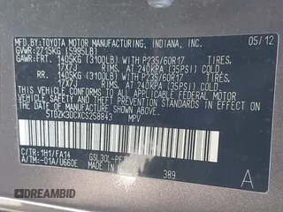 2012 Toyota Sienna with VIN 5TDZK3DCXCS258843, listed as a IAAI auction lot 41700446 with 207,384 mi miles. Bid and sale history available at carsss.com. Image 9.