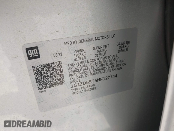 2022 Chevrolet Malibu LT with VIN 1G1ZD5ST5NF127744, listed as a IAAI auction lot 41854681 with 60,127 mi miles and . Bid and sale history available at DreamBid. Image 9.