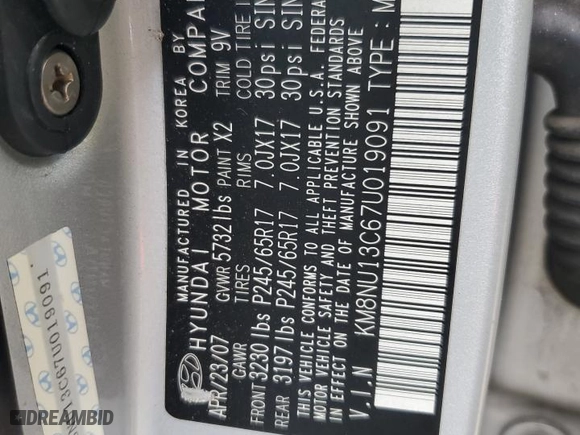 2007 Hyundai Veracruz GLS with VIN KM8NU13C67U019091, listed as a Copart auction lot 43911925 with 201,895 mi miles and Salvage Title. Bid and sale history available at carsss.com. Image 13.