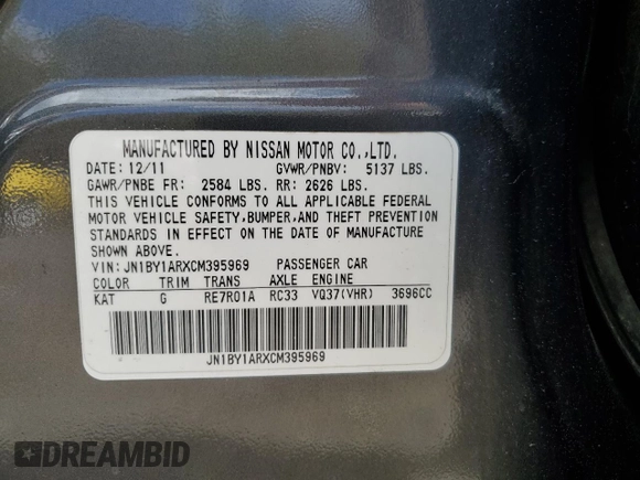 2012 Infiniti M with VIN JN1BY1ARXCM395969, listed as a Copart auction lot 52706675 with Not provided miles and Salvage title. Bid and sale history available at DreamBid. Image 12.
