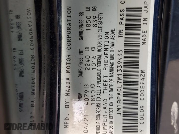 2021 Mazda 3 Preferred with VIN JM1BPACL7M1339435, listed as a Copart auction lot 56660805 with 99,550 mi miles and Salvage Title. Bid and sale history available at DreamBid. Image 12.