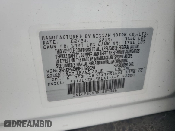 2024 Nissan Kicks SV with VIN 3N1CP5CV9RL529026, listed as a Copart auction lot 48770075 with 21,411 mi miles and Salvage Title. Bid and sale history available at carsss.com. Image 12.
