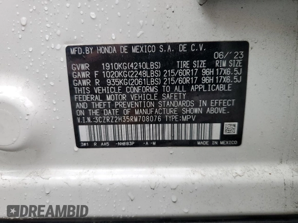 2024 Honda HR-V LX with VIN 3CZRZ2H35RM708076, listed as a Copart auction lot 57282545 with 8,279 mi miles and Salvage title. Bid and sale history available at DreamBid. Image 13.