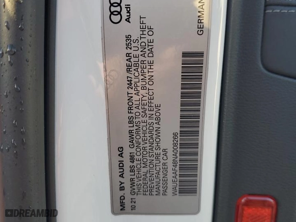 2022 Audi A4 Sedan S line Premium Plus with VIN WAUEAAF48NA008266, listed as a Copart auction lot 86819614 with 0 mi miles and Salvage Title. Bid and sale history available at carsss.com. Image 13.