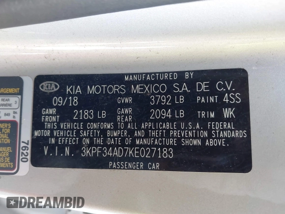 2019 Kia Forte S with VIN 3KPF34AD7KE027183, listed as a IAAI auction lot 41764274 with 92,840 mi miles and . Bid and sale history available at carsss.com. Image 9.