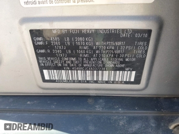 2010 Subaru Outback Limited with VIN 4S4BRCJC4A3372381, listed as a IAAI auction lot 42276617 with 178,291 mi miles and . Bid and sale history available at DreamBid. Image 9.