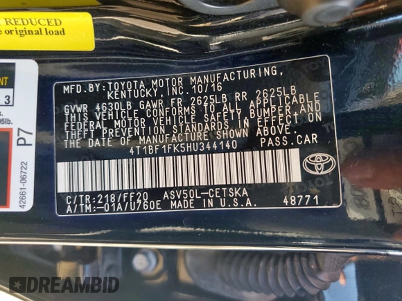 2017 Toyota Camry XLE with VIN 4T1BF1FK5HU344140, listed as a Copart auction lot 46911645 with 84,096 mi miles and Salvage Title. Bid and sale history available at carsss.com. Image 13.