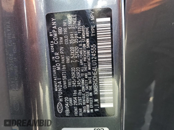 2020 Hyundai Palisade Limited with VIN KM8R5DHE4LU124555, listed as a Copart auction lot 58223205 with 69,385 mi miles and Salvage title. Bid and sale history available at DreamBid. Image 13.