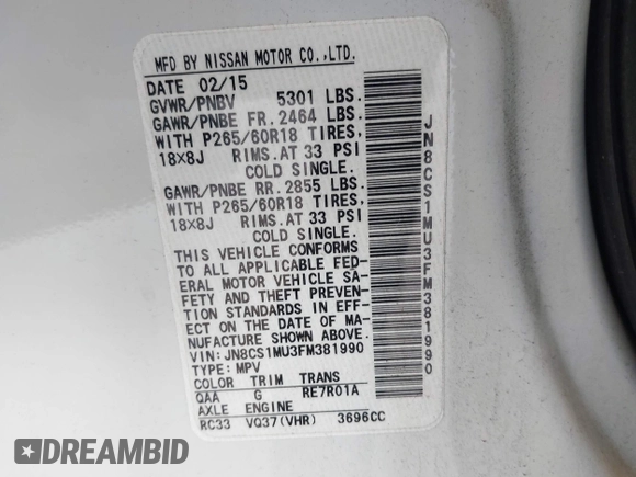 2015 Infiniti QX70 with VIN JN8CS1MU3FM381990, listed as a IAAI auction lot 42034244 with Not Provided miles and . Bid and sale history available at DreamBid. Image 9.