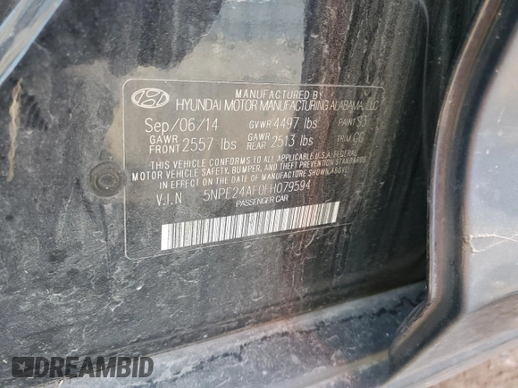 2015 Hyundai Sonata SE with VIN 5NPE24AF0FH079594, listed as a Copart auction lot 86832224 with Not Provided miles and Non Repairable. Bid and sale history available at DreamBid. Image 12.