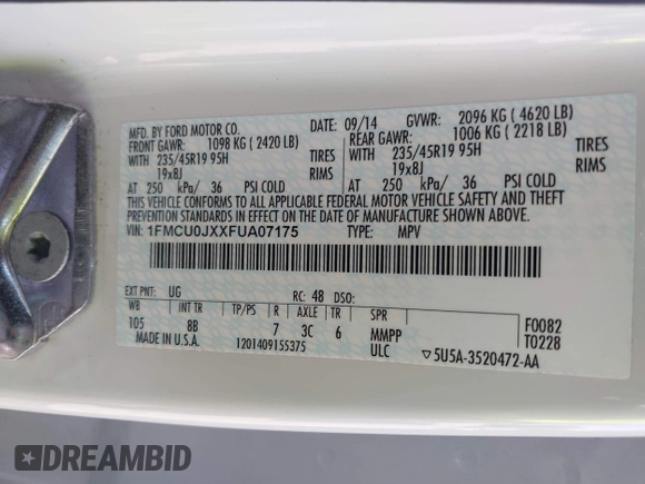 2015 Ford Escape Titanium with VIN 1FMCU0JXXFUA07175, listed as a IAAI auction lot 42447067 with 94,893 mi miles and . Bid and sale history available at DreamBid. Image 9.