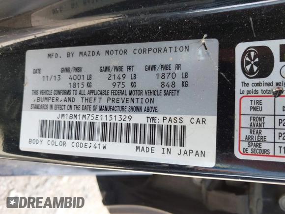 2014 Mazda 3 i Grand Touring z VIN JM1BM1M75E1151329, wystawiony jako IAAI lot #42248334 z przebiegiem 138 748 mil mil oraz . Historia ofert i sprzedaży dostępna na DreamBid. Obrazek 9.
