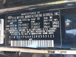 2019 Kia Sorento L with VIN 5XYPG4A32KG533121, listed as a IAAI auction lot 41762827 with 96,026 mi miles. Bid and sale history available at carsss.com. Image 9.