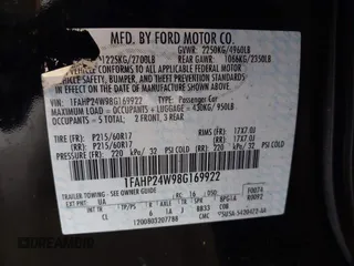 2008 Ford Taurus SEL z VIN 1FAHP24W98G169922, wystawiony jako IAAI lot #41861932 z przebiegiem 126 482 mil mil oraz . Historia ofert i sprzedaży dostępna na DreamBid. Obrazek 9.