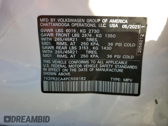 2023 Volkswagen Atlas SEL Premium R-Line с VIN 1V2FR2CA4PC558182, выставлен на аукционе Copart как лот 82670894 с пробегом 12 807 миль миль и На запчасти • Non repairable. История ставок и продаж доступна на DreamBid. Изображение 14.