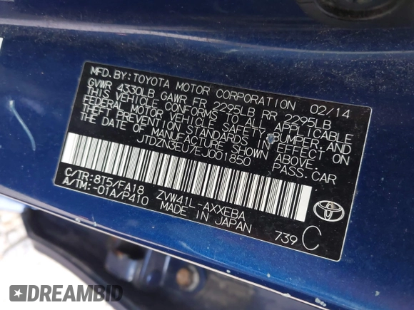 2014 Toyota Prius Two with VIN JTDZN3EU7EJ001850, listed as a IAAI auction lot 42160609 with 168,097 mi miles and . Bid and sale history available at DreamBid. Image 9.
