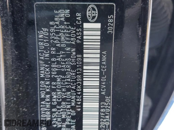 2009 Toyota Camry with VIN 4T4BE46K39R131098, listed as a Copart auction lot 42494585 with 127,611 mi miles and Clean Title. Bid and sale history available at DreamBid. Image 13.