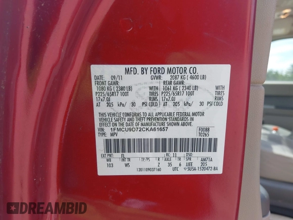 2012 Ford Escape XLT с VIN 1FMCU9D72CKA61657, выставлен на аукционе IAAI как лот 42361559 с пробегом 85 439 миль миль и . История ставок и продаж доступна на DreamBid. Изображение 9.