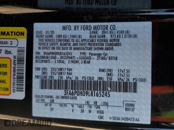 2020 Ford Fusion SE with VIN 3FA6P0HD9LR165245, listed as a Copart auction lot 54860845 with 33,319 mi miles and Non repairable. Bid and sale history available at DreamBid. Image 12.