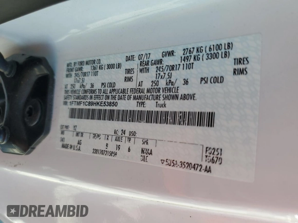 2017 Ford F-150 XL with VIN 1FTMF1C89HKE53850, listed as a Copart auction lot 50959155 with 166,647 mi miles and Salvage Title. Bid and sale history available at carsss.com. Image 12.