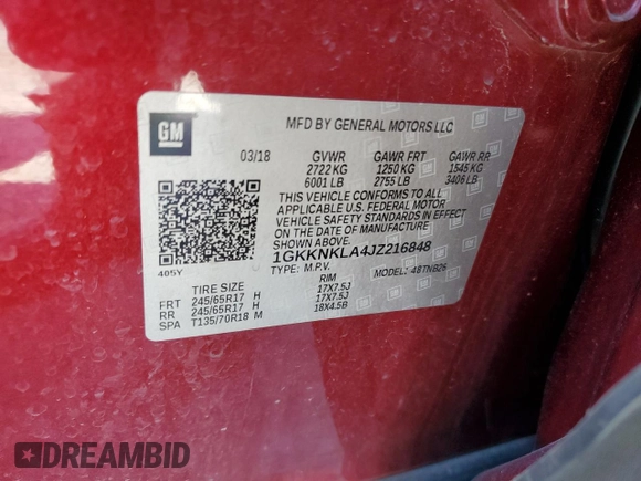 2018 GMC Acadia SLE z VIN 1GKKNKLA4JZ216848, wystawiony jako Copart lot #57451765 z przebiegiem 173 677 mil mil oraz Szkoda całkowita • Salvage title. Historia ofert i sprzedaży dostępna na DreamBid. Obrazek 12.
