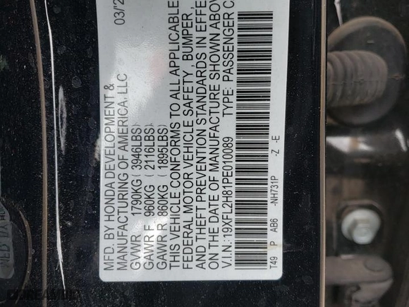 2023 Honda Civic Hatchback Sport with VIN 19XFL2H81PE010089, listed as a Copart auction lot 45362345 with 0 mi miles and Salvage Title. Bid and sale history available at carsss.com. Image 14.