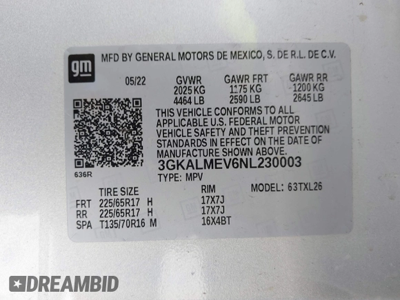 2022 GMC Terrain SLE with VIN 3GKALMEV6NL230003, listed as a IAAI auction lot 42131269 with 60,134 mi miles. Bid and sale history available at carsss.com. Image 9.