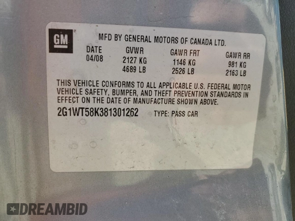 2008 Chevrolet Impala LT with VIN 2G1WT58K381301262, listed as a Copart auction lot 86634124 with 185,539 mi miles and Salvage Title. Bid and sale history available at DreamBid. Image 13.