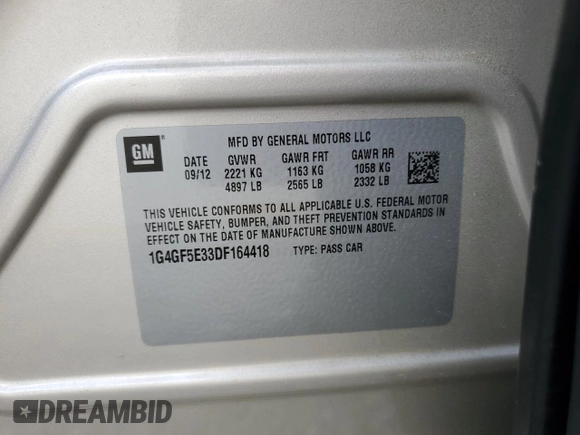 2013 Buick LaCrosse Premium 1 with VIN 1G4GF5E33DF164418, listed as a Copart auction lot 53310535 with 38,451 mi miles and Salvage title. Bid and sale history available at DreamBid. Image 12.