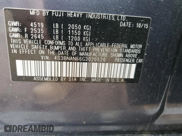 2016 Subaru Legacy Limited with VIN 4S3BNAN66G3020520, listed as a Copart auction lot 62345855 with 64,483 mi miles and Salvage title. Bid and sale history available at DreamBid. Image 13.